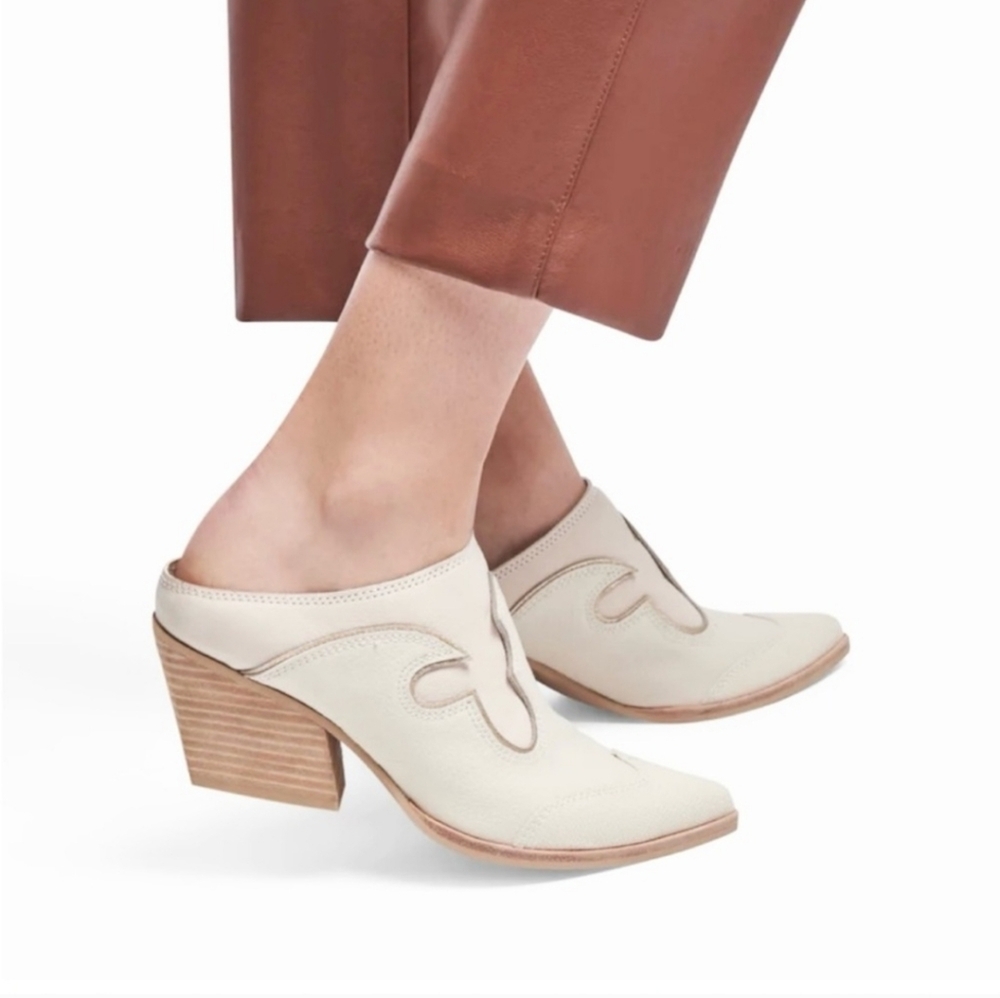 DOLCE VITA Lars Coastal Cowgirl Leather Western Mules In Ivory NEW